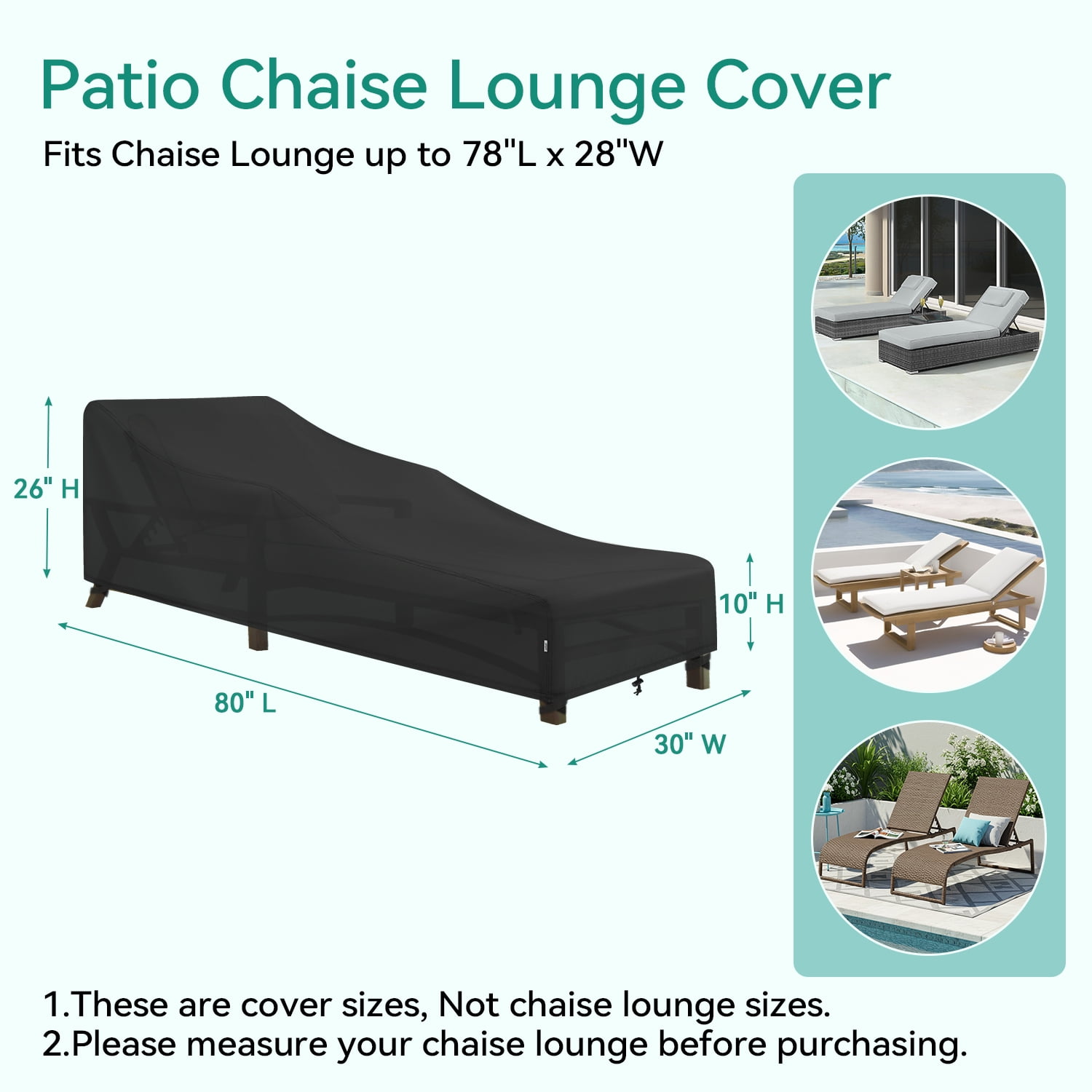 Adiqo Outdoor Chaise Lounge Covers Waterproof, Patio Lounge Chair Covers for Sun Lounger Pool Sunbathing 2 Pack, 80"W x 30"D x 26"H, Black