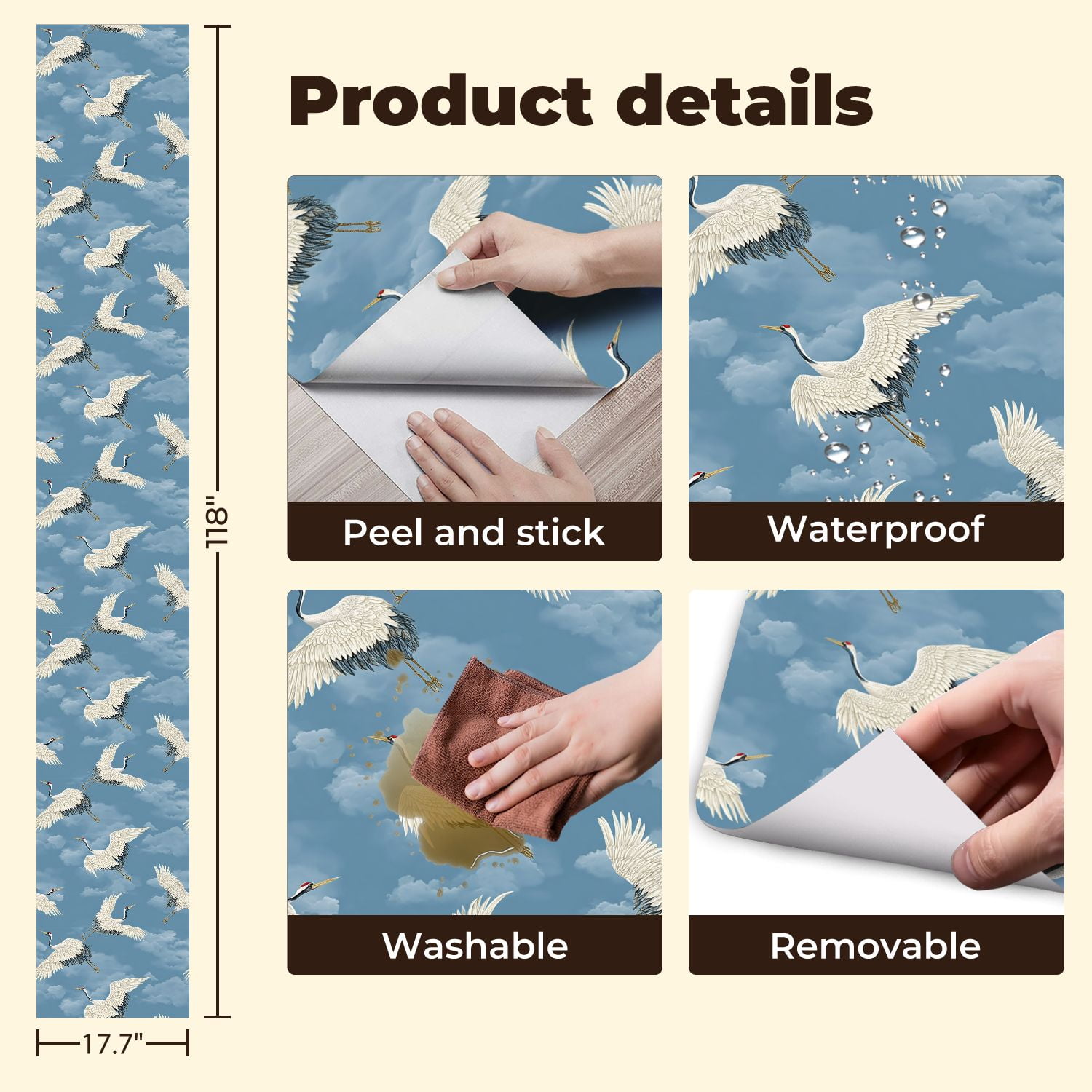 Crane Peel and Stick Wallpaper 17.7in x 9.8ft Cranes Soft Blue Sky Fluffy Clouds Contact Paper Vinyl Waterproof Self Adhesive Wall Paper for Bedroom Shelf Cabinet Renter Friendly