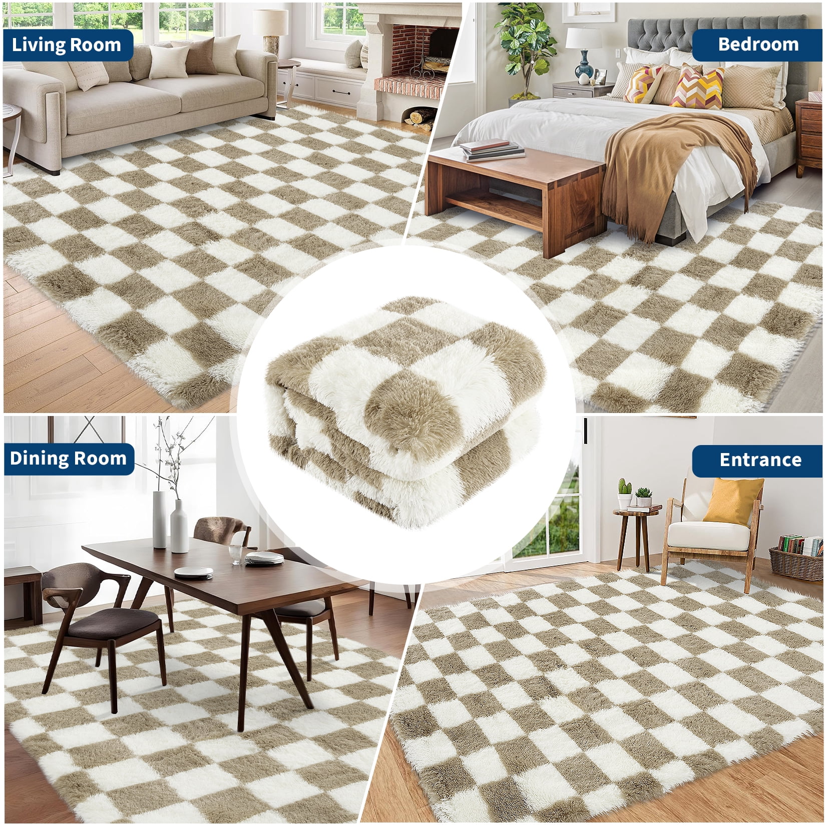 COZONY 2x6 Checkered Thick Runner Rug, Non-Slip Ultra Soft Shag Accent Carpet for Hallway, Childrens Room, Brown