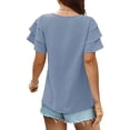 thumbnail image 4 of Camiseta de Mujer Color Puro Cuello en V Puños con Volantes Top de Manga Corta cómodo y a la Moda para Citas en casa en la Oficina Azul Claro XL, 4 of 6