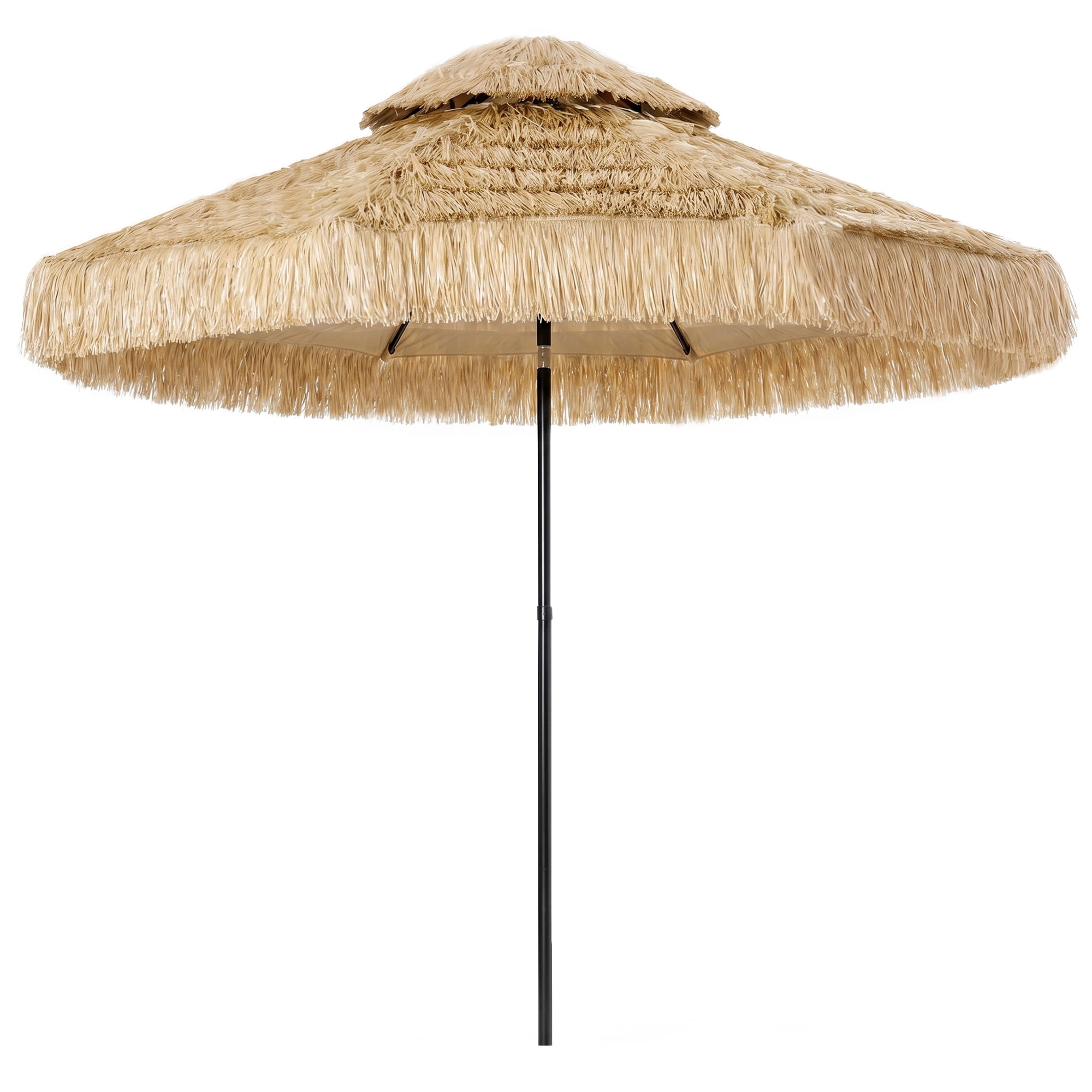 Outsunny 8.5 FT Hula Thatched Tiki Patio Umbrella, 2-Tier Tropical Hawaiian Style Outdoor Umbrella with 8 Ribs, UPF30+, for Garden, Backyard, Khaki
