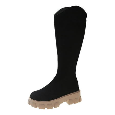 

TAIAOJING Womens Boots Mid Calf Boots Autumn And Winter Fashion And Comfortable Solid Color Platform Square Heel Round Toe Zipper Casual Shoes
