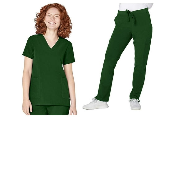 Adar Addition Scrub Set for Women - V-Neck Scrub Top & Skinny Cargo Scrub Pants - A9200 - Evergreen - XXS