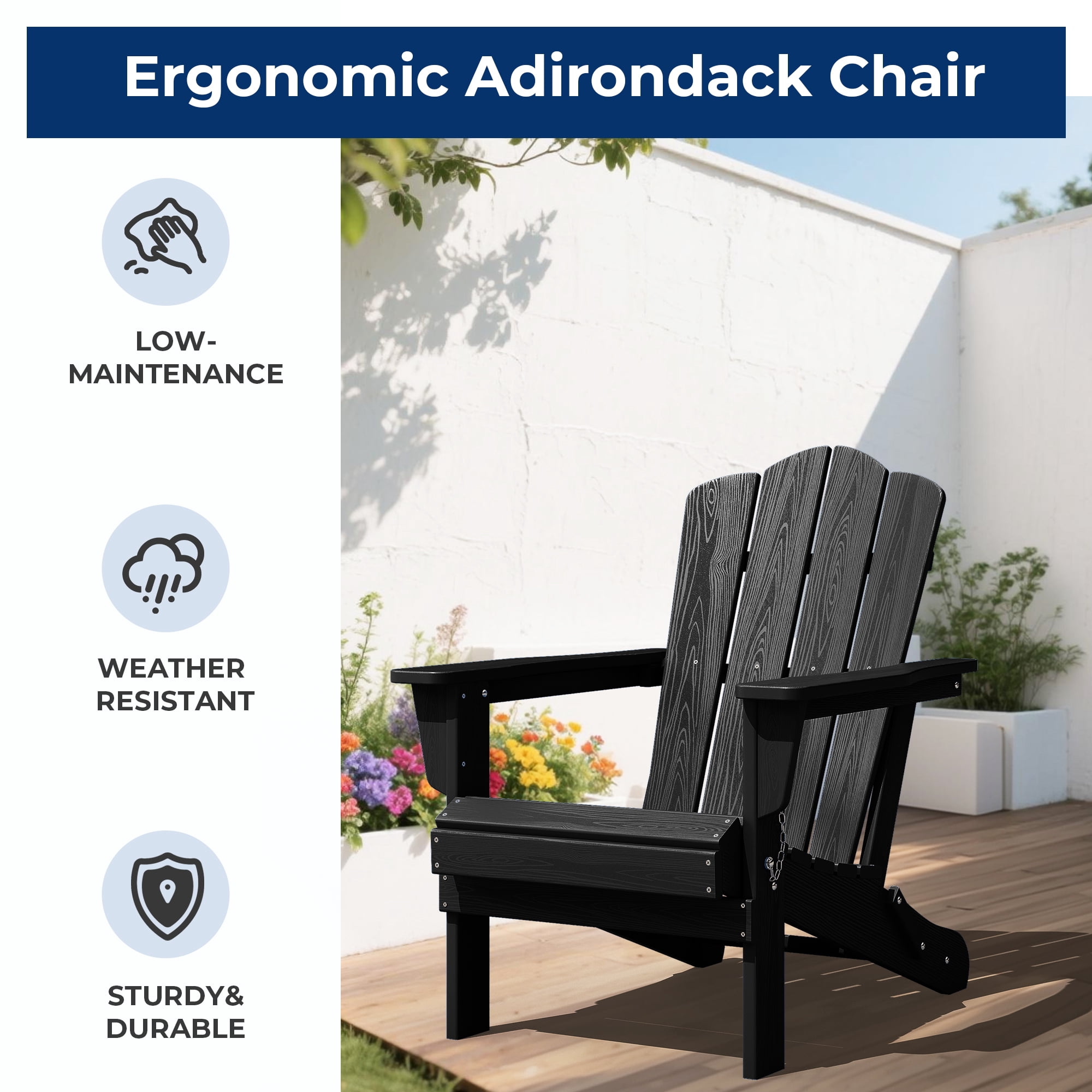 FUNDAZE HDPE Adirondack Chair, Foldable Weather-resistant Outdoor Chair for Patio, Poolside, Garden, Yard, Black