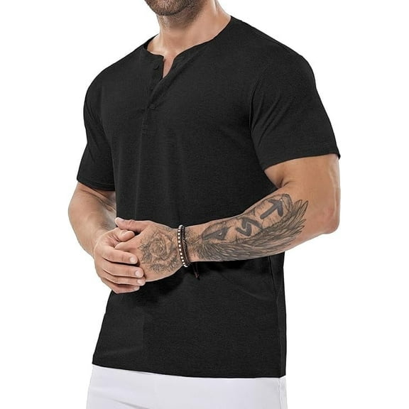 ICEMOOD Mens Henley Shirt Dry Fit Athletic Slim Fit T Quick Dry Tshirt Short Sleeve Casual 3 Button Basic Tee Moisture Wicking Tech Polo,Black,XL