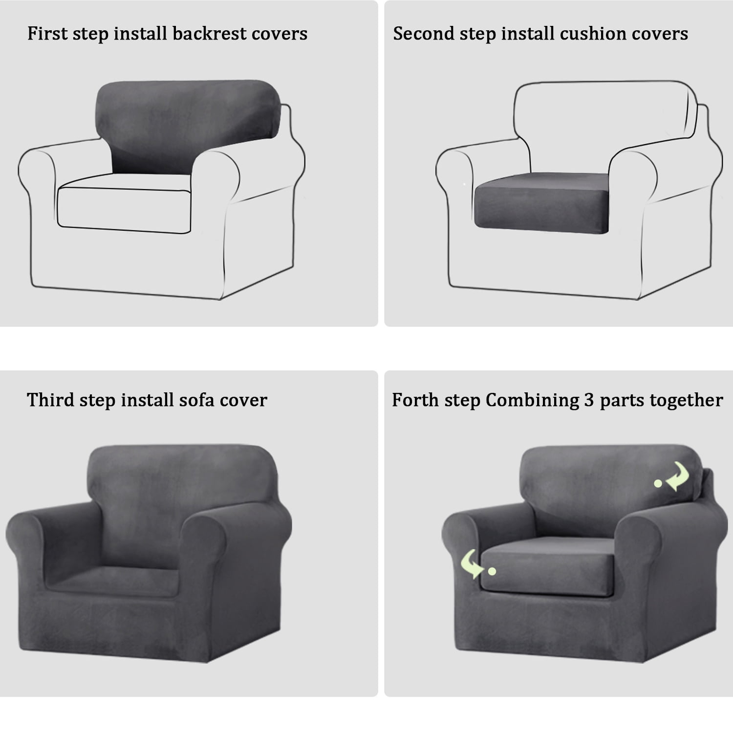 Eurhowing Velvet Sofa Slipcover, Pet-Friendly Stretch Couch Cover with Non-Slip Bottom & Cushion Covers, Washable Furniture Protector for Armchair, Dark Gray
