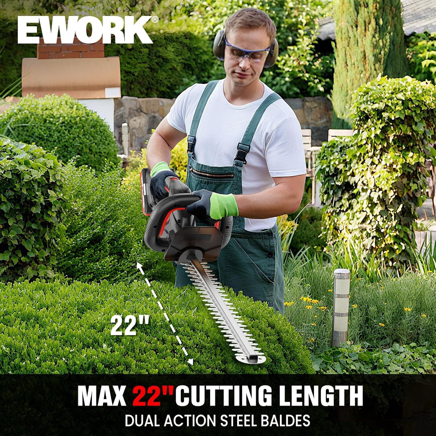 EWORK 22-Inch Cordless Hedge Trimmer, 20V Battery Powered Bush Trimmer, Lightweight Handheld Shrub Trimmer with 2 Batteries and Charger, 5/8-Inch Cutting Capacity for Garden, Yard (Red)