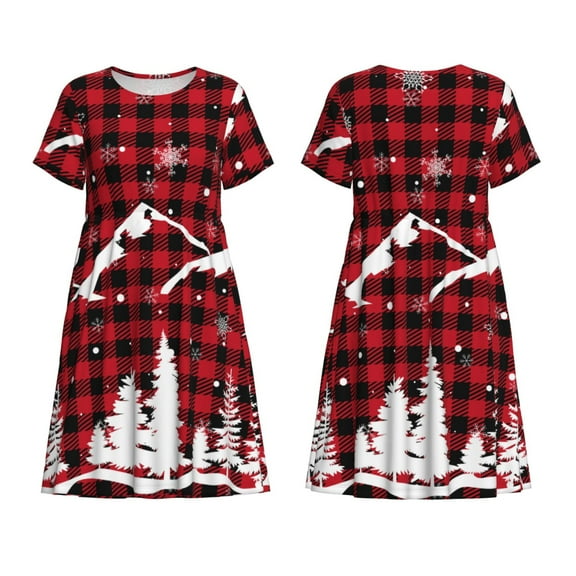 Horeoi Christmas Tree Buffalo Plaid Print Women's Short Sleeve Dress Breathable Polyester-Spandex All-Over Print A-Line Side Pockets Elastic Waist