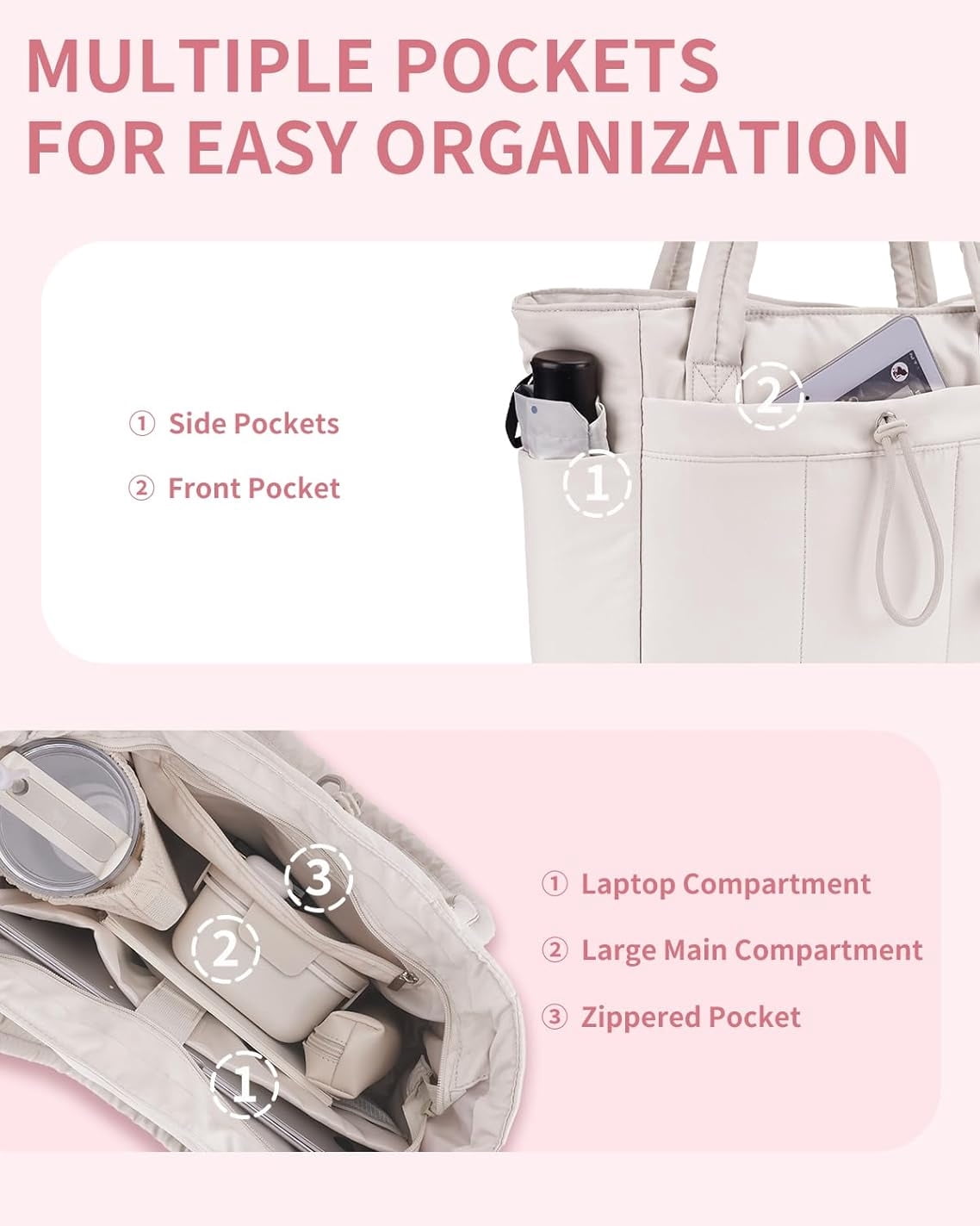 Puffer Tote Bag for Women, Shoulder Bag Handbag with Cup Holder & 15.6" Laptop Compartment & Trolley Sleeve for Travel, Work, Nurse, Lightweight, 20L