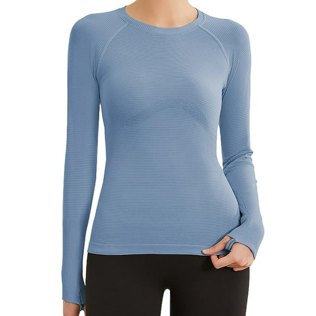 fheaev Chandails à Manches Longues pour Femmes Col Rond Chandail du Bas Ajusté Décontracté Extensible Ajusté sous-Blouses Entraînement Haut de Sport Pilates Vêtements de Mise en Forme Couche de Base Hauts