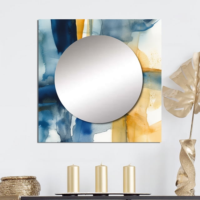Designart "Fusion of Blue and Gold V" Fractals Square Mirror Wall Decor Transitional - Large Blue Square Bathroom Mirror - Square Printed Wall Mirror Art