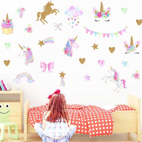 PWFE Cartoon Cute Unicorns Star Heart Wall Decals Wallpaper DIY Vinyl Home Wall Decals Kids