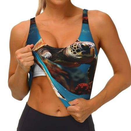 Qokaie Realistic Turtle Pattern Womens Scoop Neck Sports Bra Breathable Workout Vest Padded U Back Medium Impact Fitness Gym Yoga Bra Workout Crop Top
