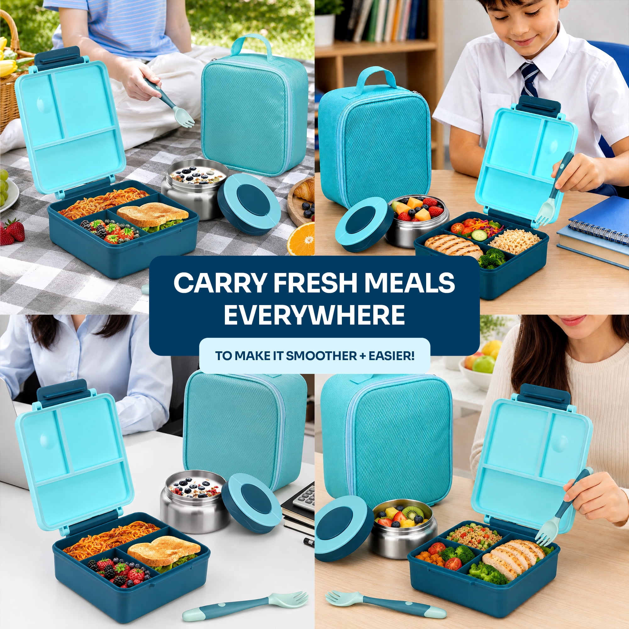 PoppiKids, Bento Lunch Box Set with Thermos Food Jar, 4 Section Lunch Container, Insulated Multi Section Lunch Bag, Cutlery, Leak Proof, BPA Free, Blue