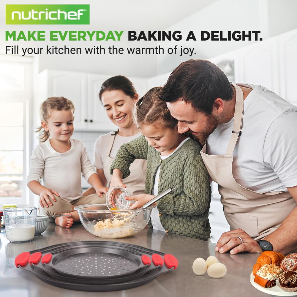 3 Piece Pizza Tray Set with Silicone Handle - Round Steel Non-stick Pan with Perforated Holes (Gray Coating)