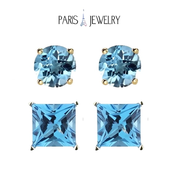 18k Yellow Gold 2-Pair Blue Topaz Stud Earrings Women Plated by Paris Jewelry