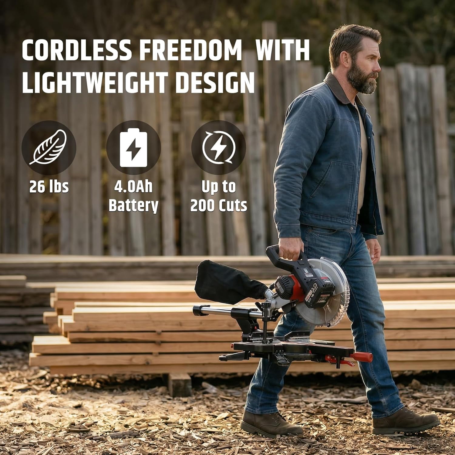 WOODSTARTER Cordless Sliding Miter Saw, Brushless, 4200 RPM, Battery & Charger Included