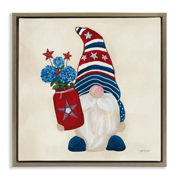 Stupell Industries American Gnome with Flowers Patriotic Painting Brown Floater Framed Canvas Art Print Wall Art, 25 x 25