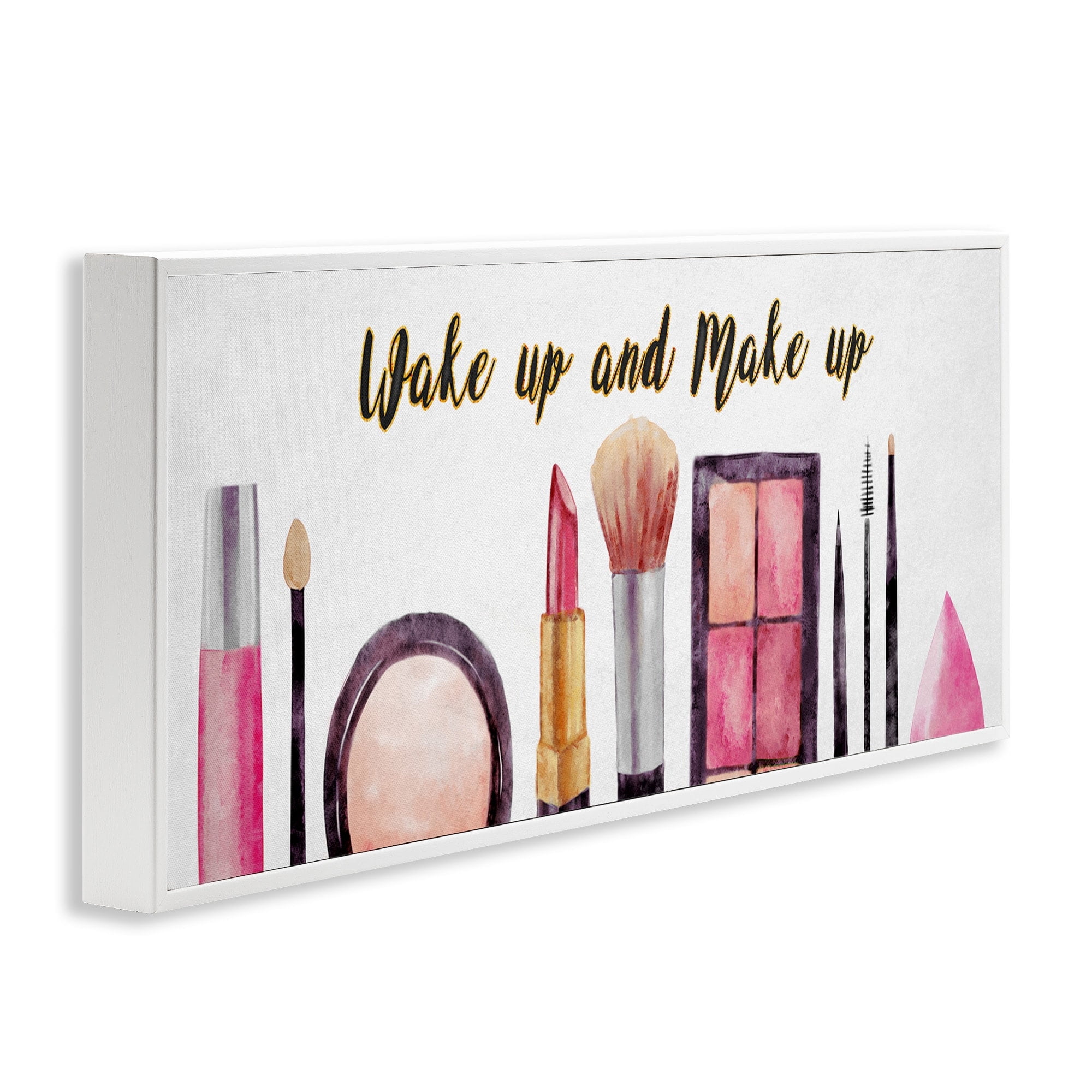 Stupell Industries Wake Up Make Up Watercolor Pink Grey Fashion Word Design White Framed Art Print Wall Art, 10x24, by Ziwei Li