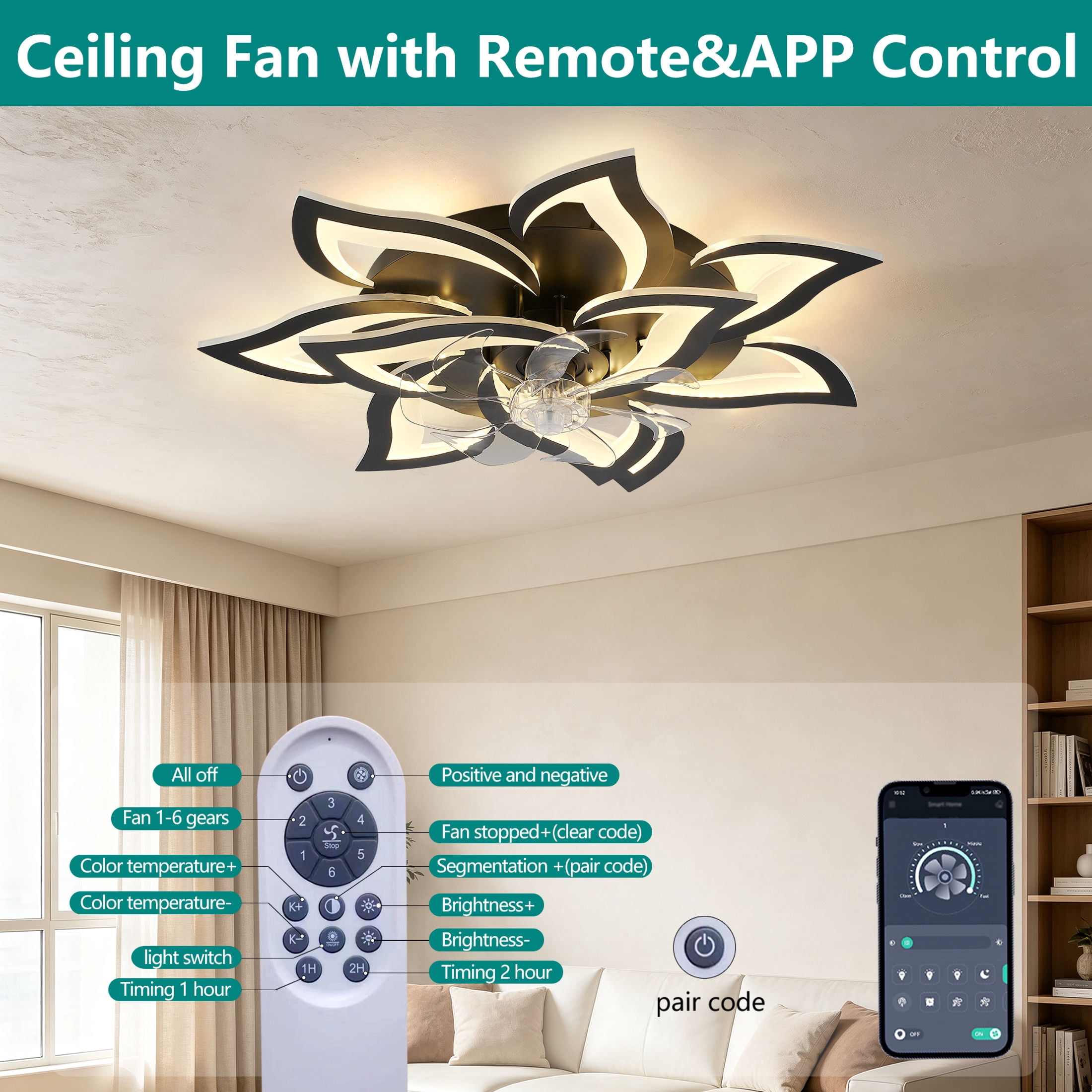 GDF Studio 10-Head Flower Modern Ceiling Fan with LED Lights & Remote Control, Low Profile Flush Mount Fandelier, Black