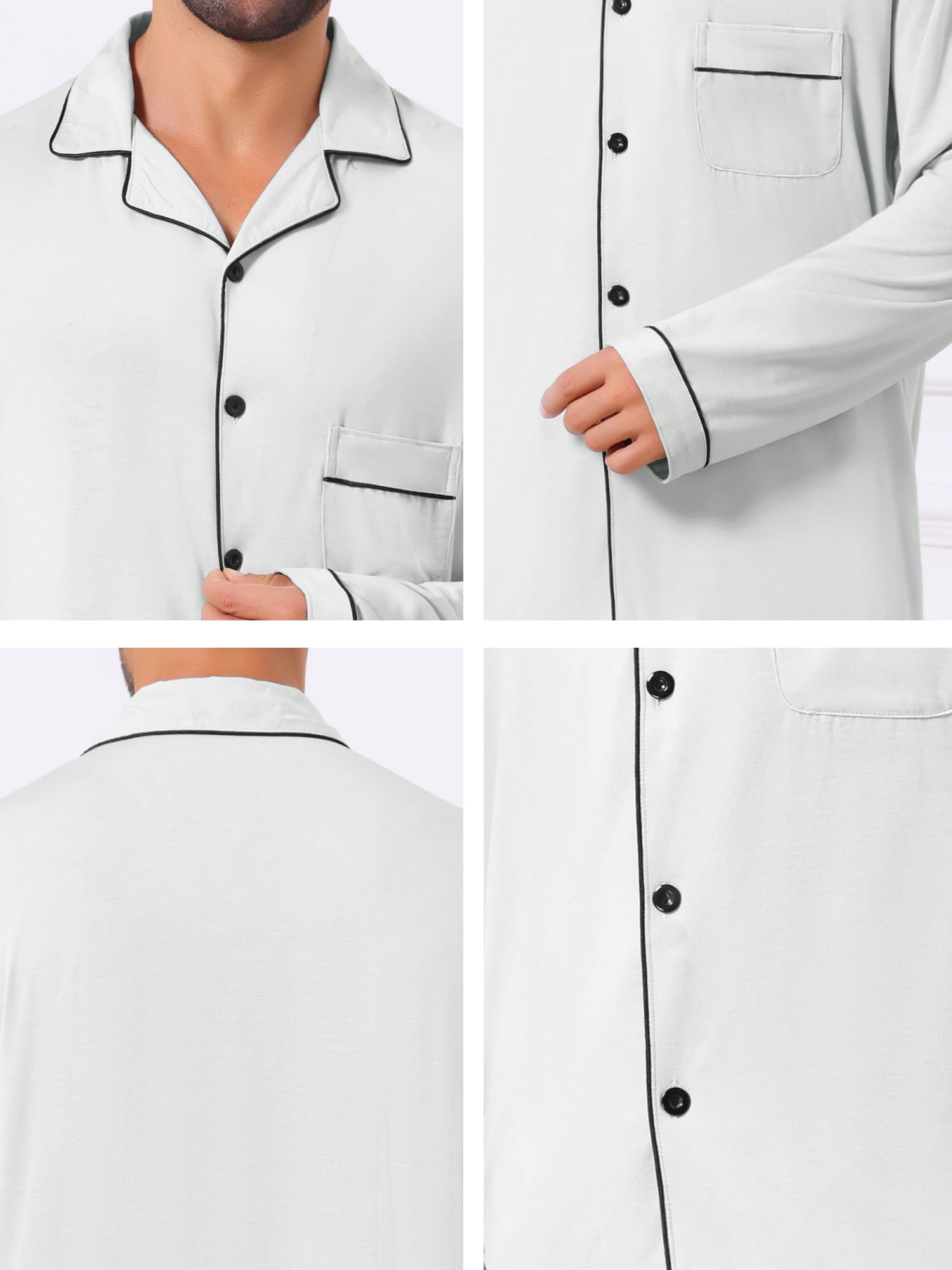DARING DIVA Men's 2-Piece Long Sleeve Solid Color Button Down Pajamas Set S White Gray