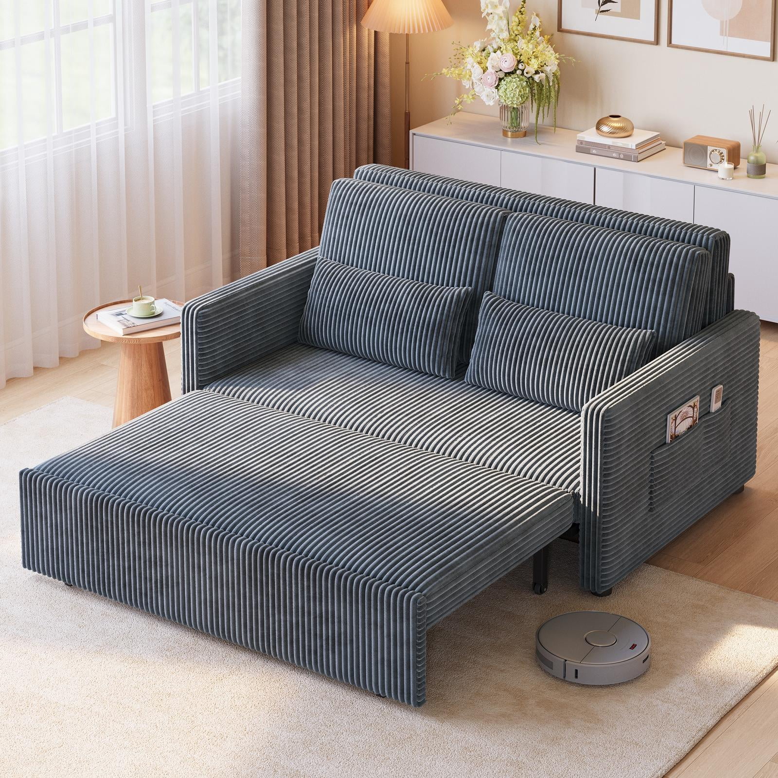 Noelse 3 in 1 Convertible Sofa Bed, Pull Out Sleeper Sofa Chair with Corduroy Upholstery, Space-Saving Loveseat Sleeper Bed for Living Room, Bedroom, Apartment, Dark Gray