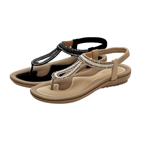 

Cethrio Womens Summer Comfort Flats Sandals- Flat with Rhinestone Open Toe Round Toe Boho on Clearance Wide Width Black Dressy Sandals/ Slides Size 7.5