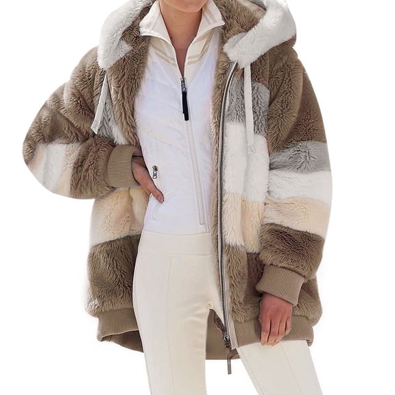 Ingzy Cotton Sweaters Coats for Women's Overcoat Winter Loose Casual Contrast Colors Zipper Hooded Lint Thermal