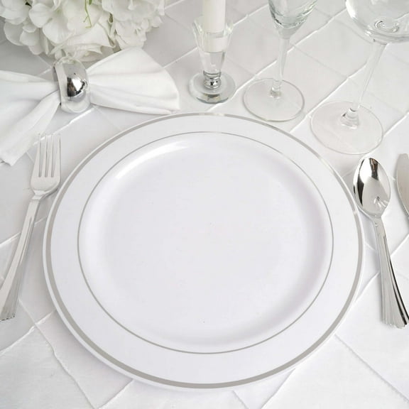 Efavormart 10 Pack - 10" Silver-Trimmed White Round Plastic Dinner Plates for Weddings, Birthdays, Parties, Gathering, Graduation Ceremonies, Special Events