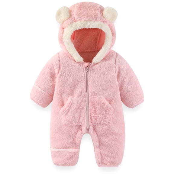 REDARER Baby Bear Jumpsuit Hooded Romper, Fold Over Mittens Footies Outfit for Winter,3-6 Months