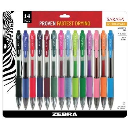 Zebra Sarasa Retractable Gel Ink Pens, Medium Point 0.7mm, Assorted Color Rapid Dry Ink,