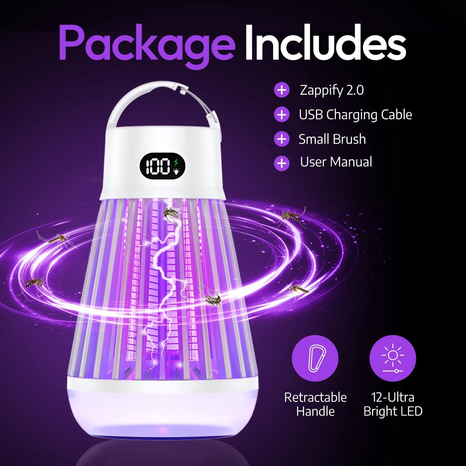 Portable Bug Zapper, Indoor & Outdoor, Cordless Rechargeable Mosquito Zapper, Hanging Hook, 1600V High Voltage, Trap for Fly, Insect, Mosquito & Bugs, Home Garden Patio Backyard