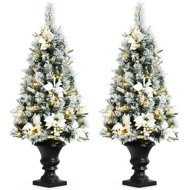 Gymax 2PCS 4 FT Pre-lit Christmas Entrance Tree Snow Flocked Xmas Tree w/ LED Lights
