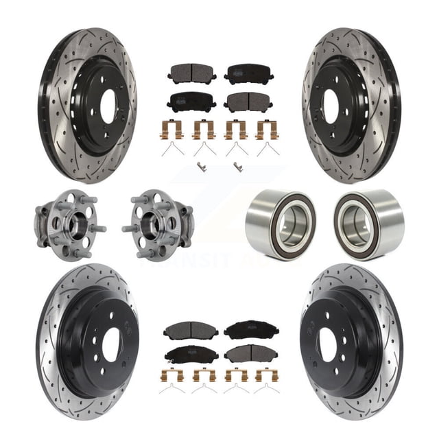 Transit Auto Front Rear Wheel Hub Bearings Assembly Coated Disc Brake Rotors and Semi-Metallic Pads Kit (10Pc) for Car 2017-2019 Honda Ridgeline AWD - Left Right Side (Driver Passenger) KBB-130924