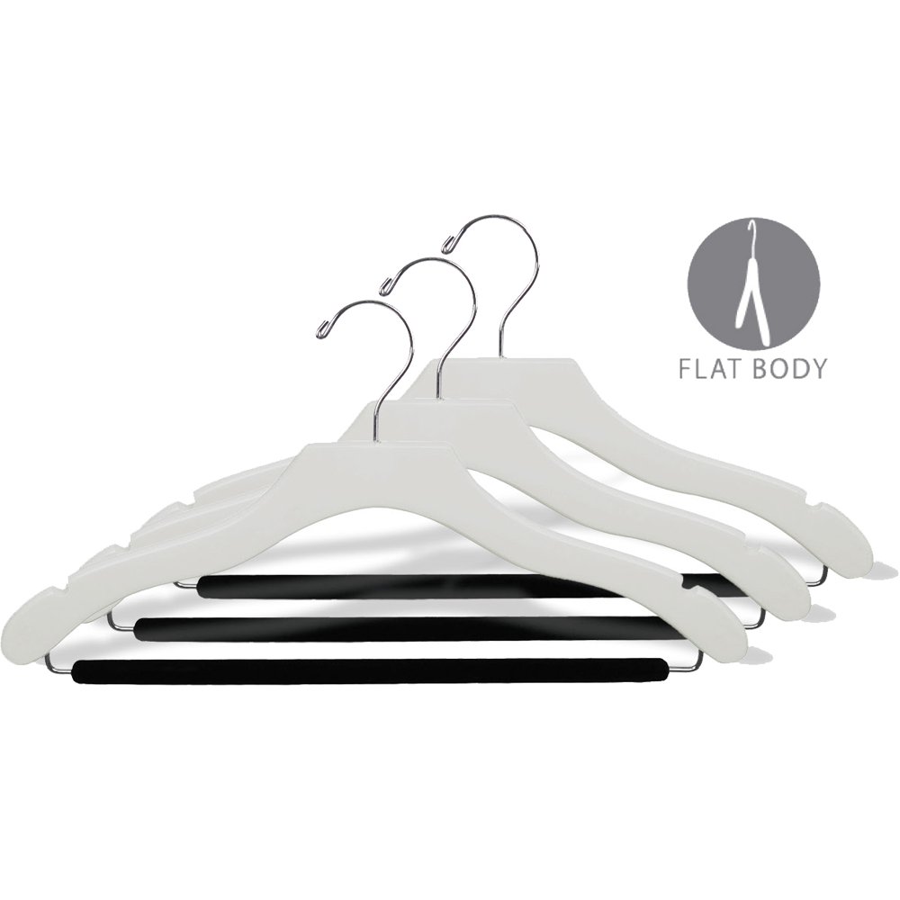 White Wavy Wooden Suit Hanger with Black Velvet NonSlip Bar, Box of 50, Flat 17 Inch Hangers