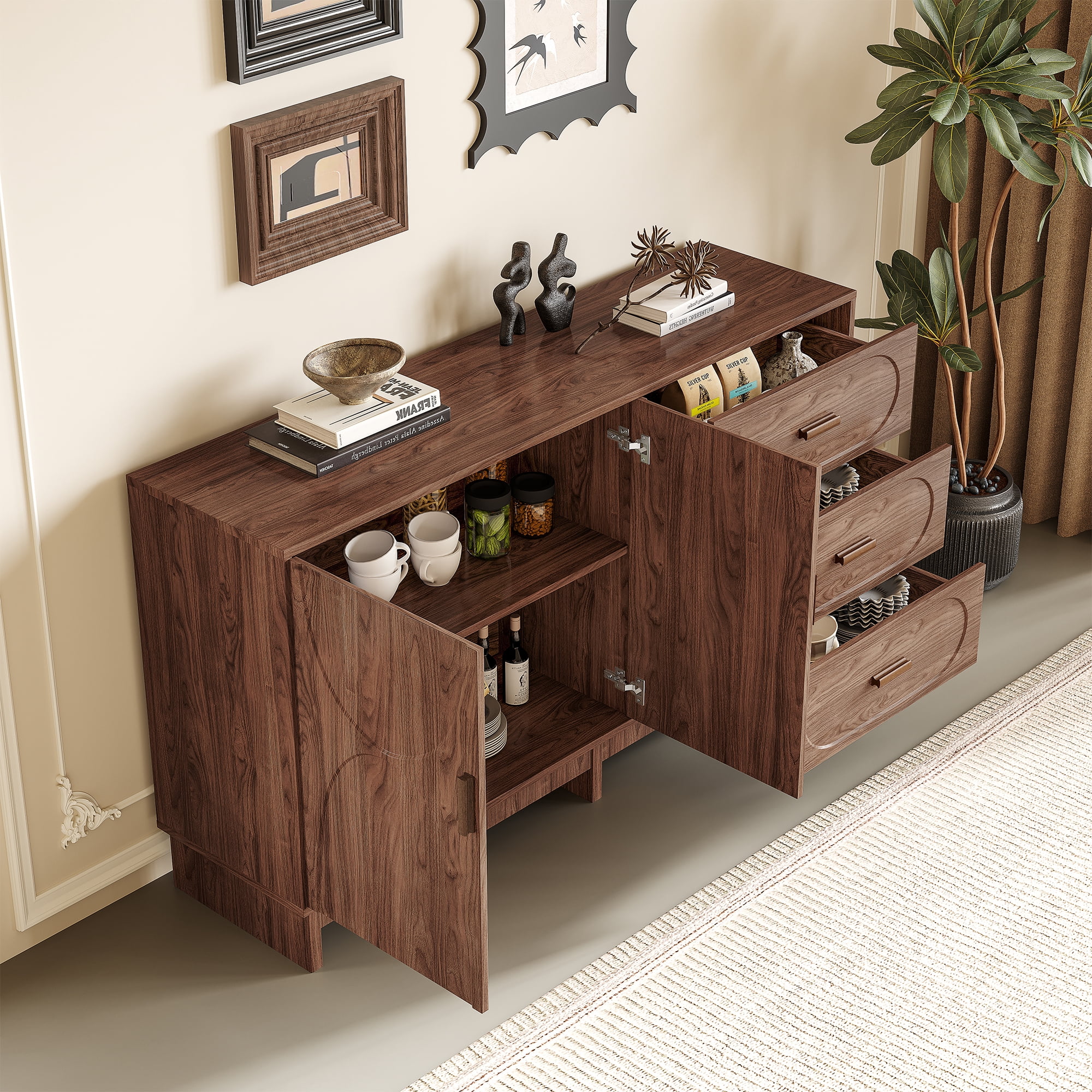 Leumius 59.1" Buffet Sideboard with 2 Doors and 3 Drawers, Walnut Finish with Oval Grain Texture, Farmhouse Storage Cabinet for Dining Room Living Room Hallway
