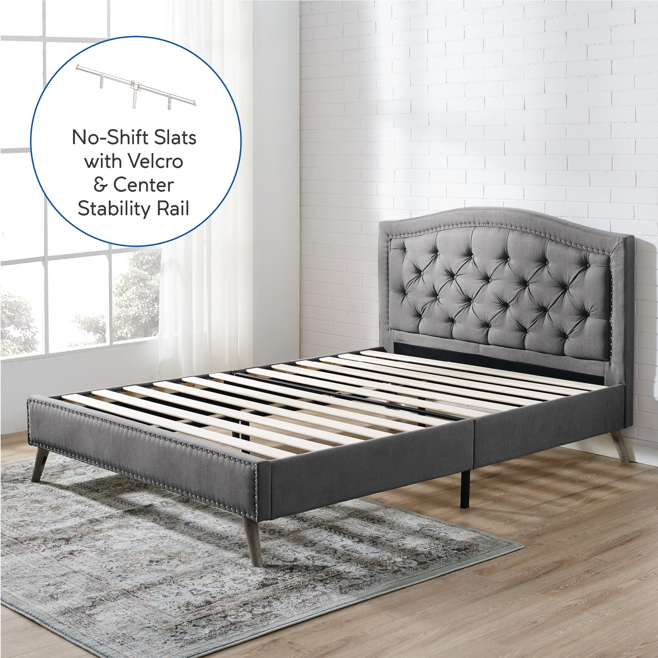 DeCoro Austin Diamond Tufted Upholstered Platform Bed | Headboard and Wood Frame with Wood Slat Support, King, Peyton Steel