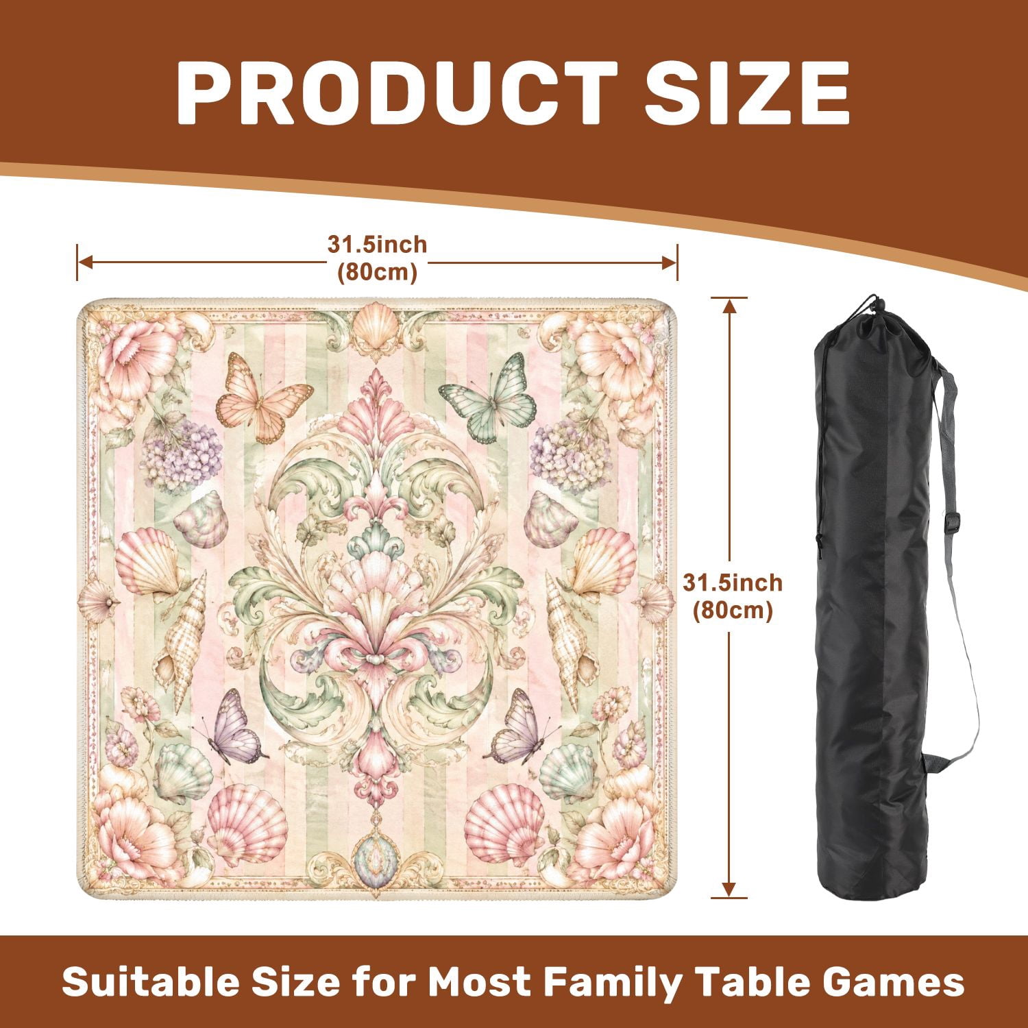 Mahjong Mat 31.5" x 31.5" Delicate Pastel Floral Shell Green Pink Stripes Non-Slip Noise Reduction Mahjong Tiles Table Cover for Dominoes Poker Card Board and Tile Games