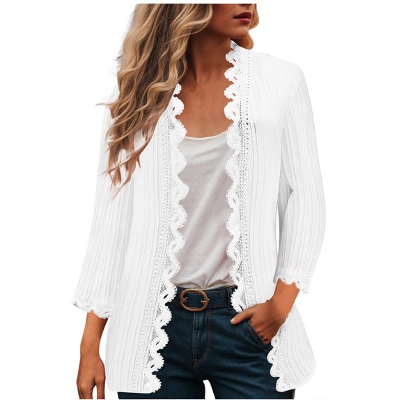 Gubotare Women's 3/4 Short Sleeve Cropped Cardigan Lightweight Button up Crochet Knit Sweater Shrug for Summer Spring (White,L)