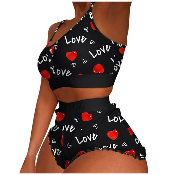 Bjutir Short Sets For Women Outfit Sexy Printing Pajamas Sleeveless Cami Shorts Lingerie Sleepwear Set Black L