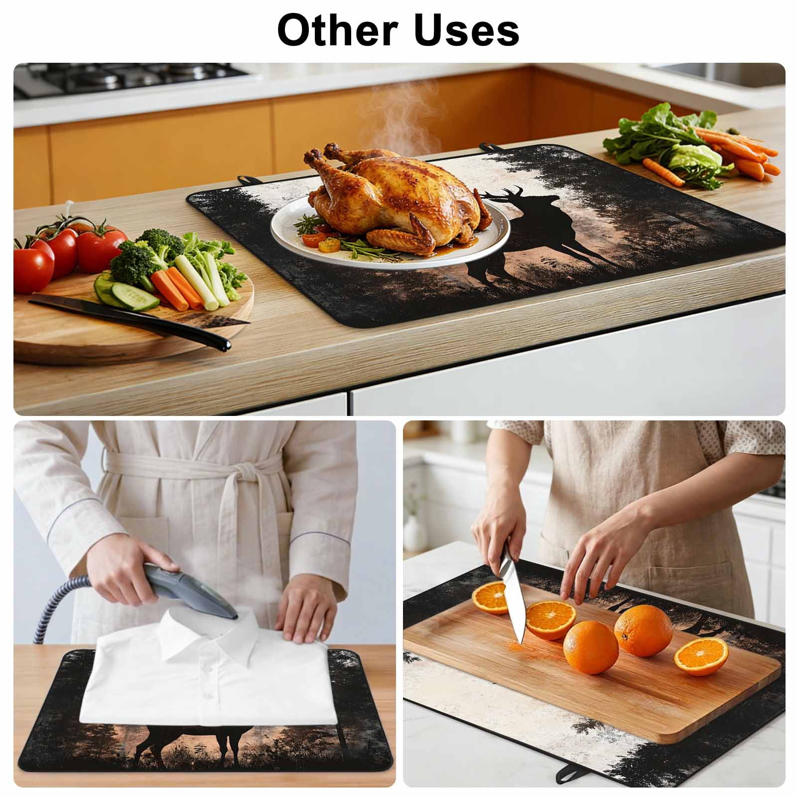 Forest Tree Elk Stove Top Cover for Electric Stove, Heat-proof & Non Slip Glass Top Stove Cover Protector, Vintage Black Deer Animal Wild Plant Kitchen Flat Cooktop Rubber Mat 24x21 Inches