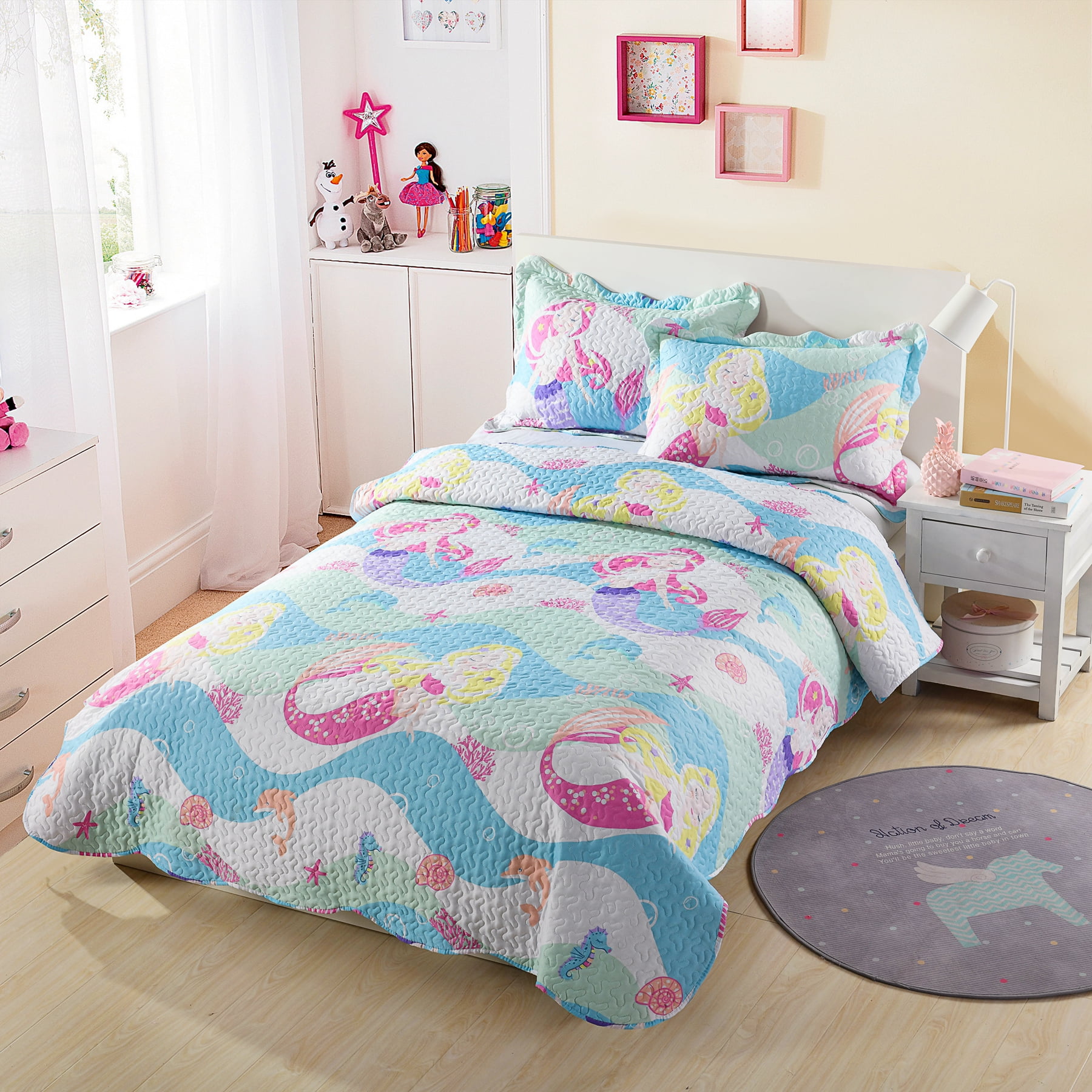 3Pcs Mermaid Kids Quilt Set Bedspread Coverlet Set Full/Queen Size