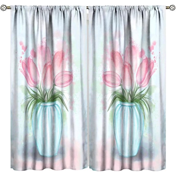 Watercolor Floral Curtains Dreamy Romantic Pink Flowers Green Leaves for Girls Women Bedroom Living Room Bathroom Rod Pocket Decoration Window Drapes 2 Panels W21xL63in W21xL54in