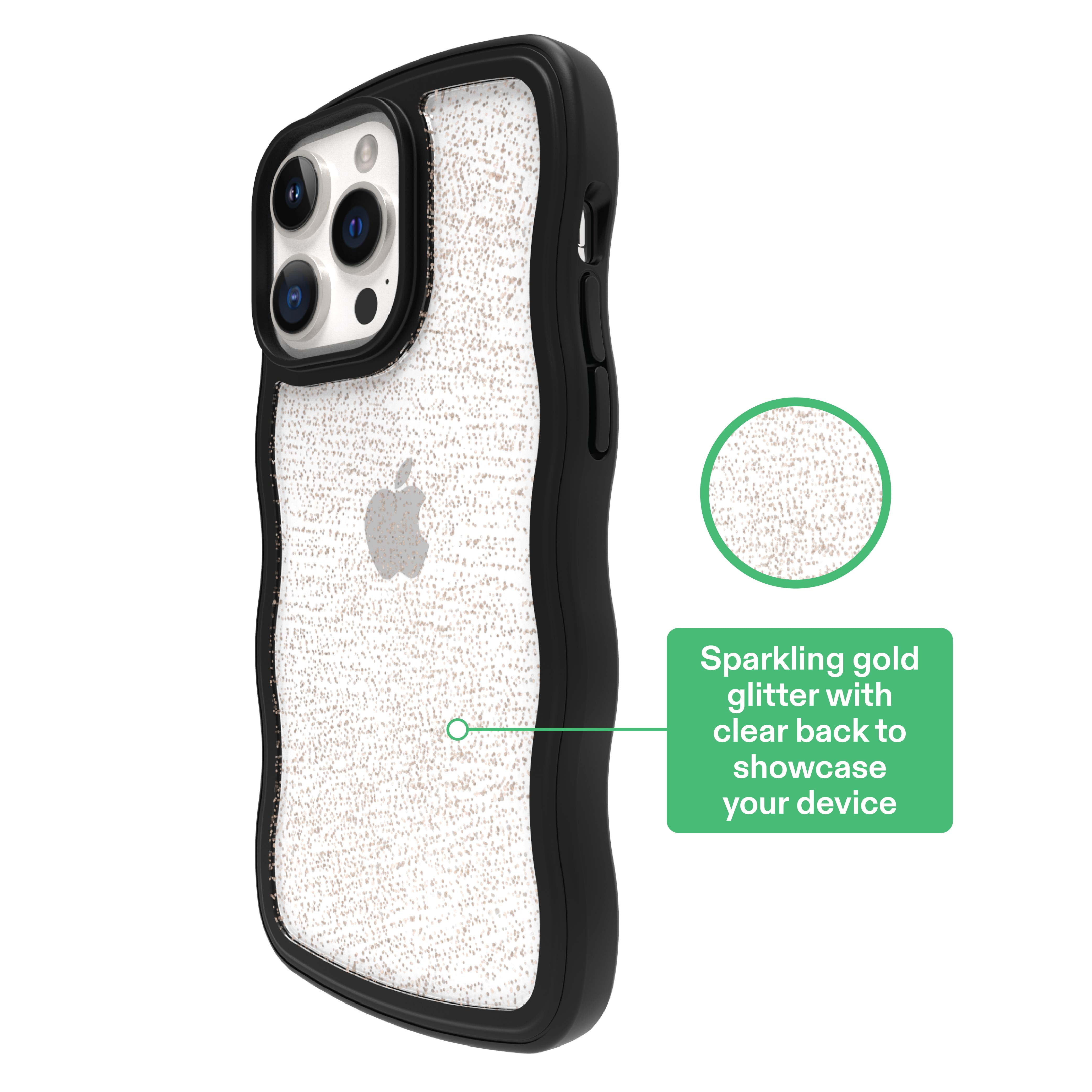 onn Wavy Grip Phone Case for iPhone 14 Pro Max / iPhone 13 Pro Max / iPhone 12 Pro Max - Black/Gold Glitter