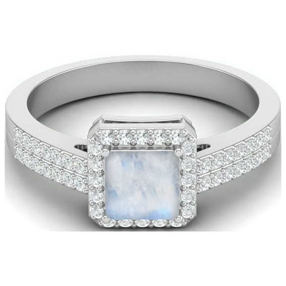Mooneye 6MM Square Moonstone Halo Accent 925 Sterling Silver Women Wedding Ring