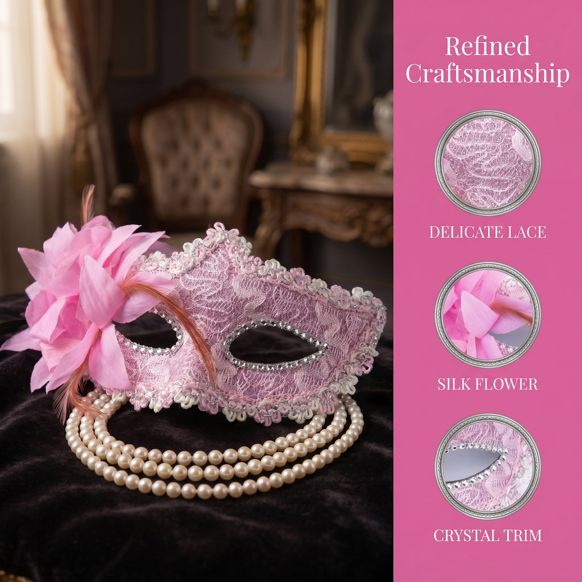 Unique Bargains Venetian Masquerade Mask, Side Flower Rose Eye Mask Pink 6.3" x 4.3"