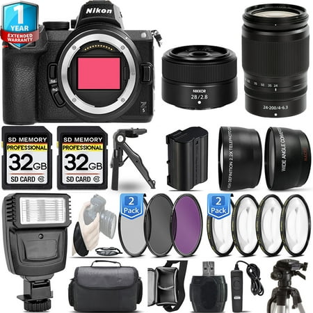 Nikon Z5 Mirrorless Camera with 50-250mm f/4.5-6.3 VR Lens + 28mm f/2.8 Lens + 4 PC Macro Set + 3 PC Filter Set + 64GB + Flash + Handbag