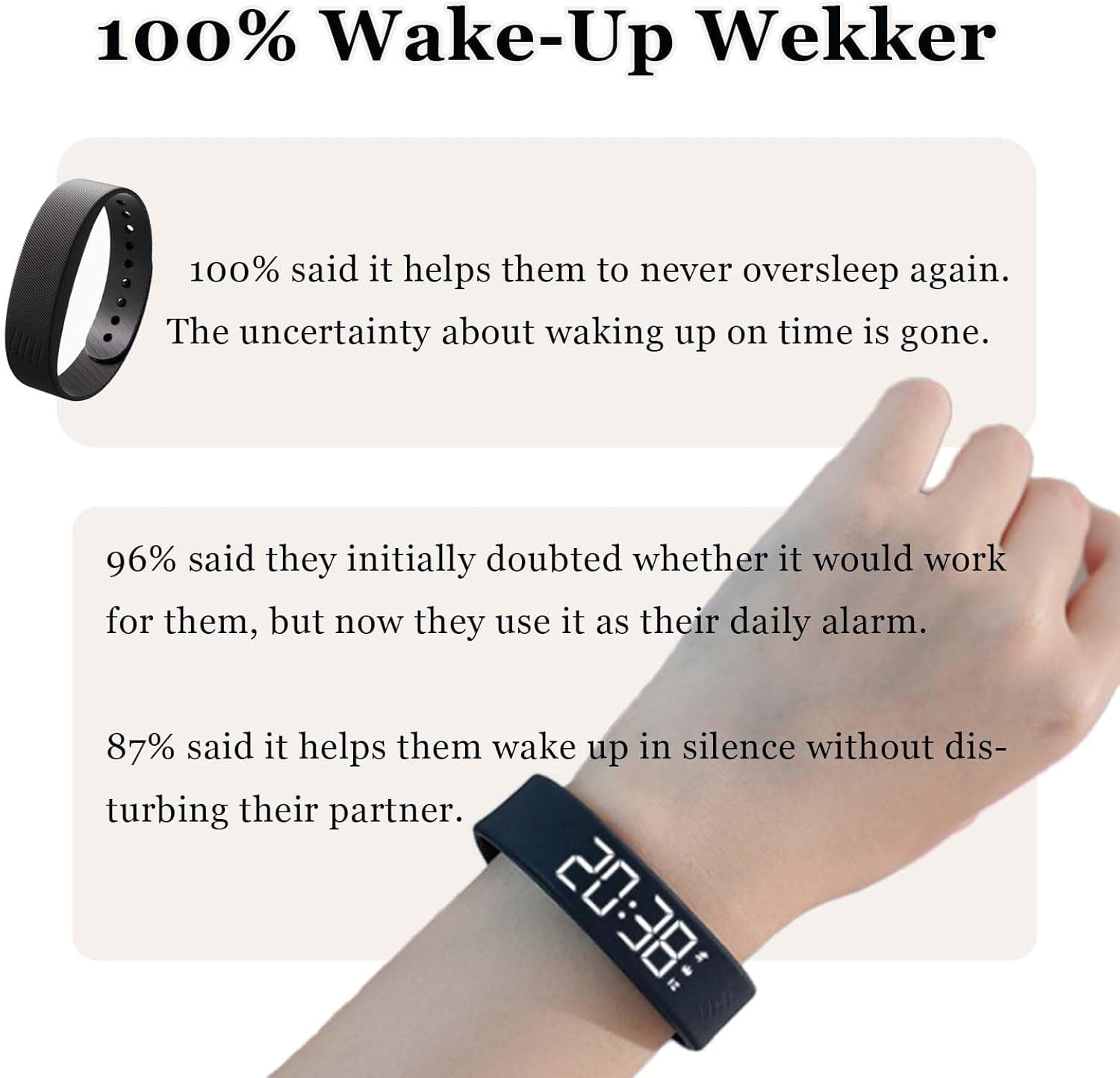 Rise Alarm Band, Alarm Clock Watch, Silent Vibration Wake-Up Wristband for Deep Sleepers, Snooze-Free Smart Watch for Men and Women (Black)