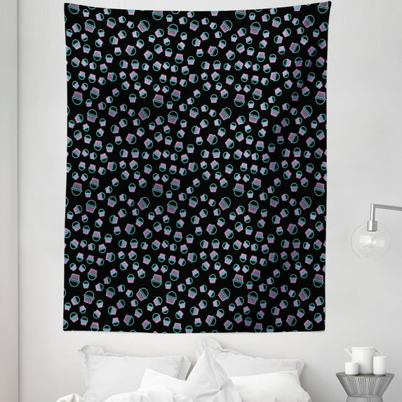 Cupcakes Tapestry, Retro Dessert Sign Abstract Pattern of Cakes on Charcoal Grey Background, Fabric Wall Hanging Decor for Bedroom Living Room Dorm, 5 Sizes, Pale Purple Seafoam, by Ambesonne