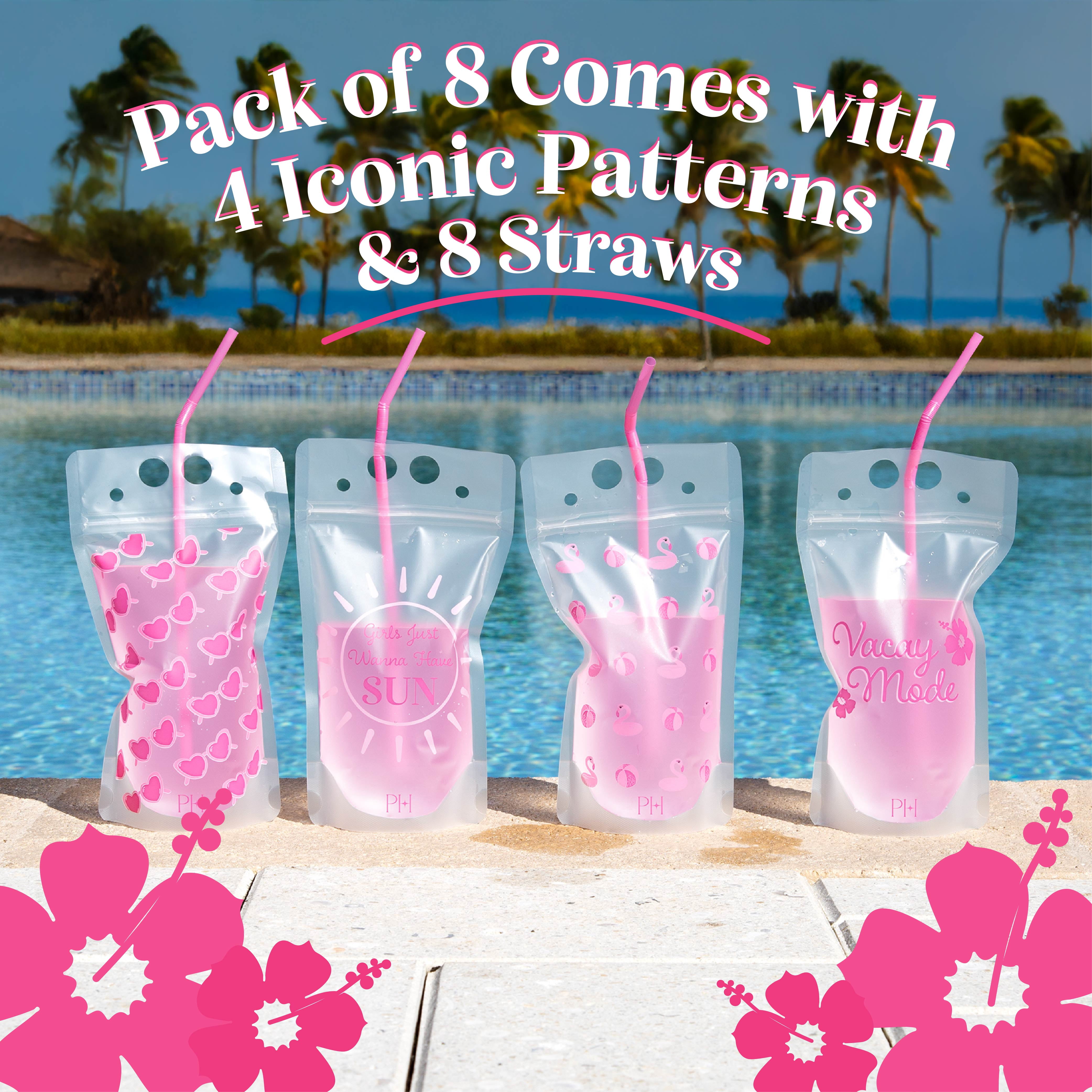 Paris Hilton 16-Ounce Reusable Drink Pouch Set with Straws, Vacay Mode, 8 Pack